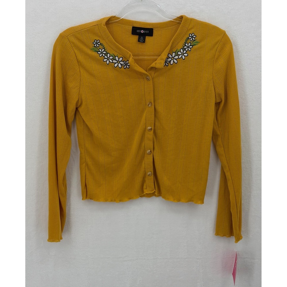 Amy Byer Sweater Girl XL 16 Yellow Daisy Embroidered Floral Cardigan Spring Boho